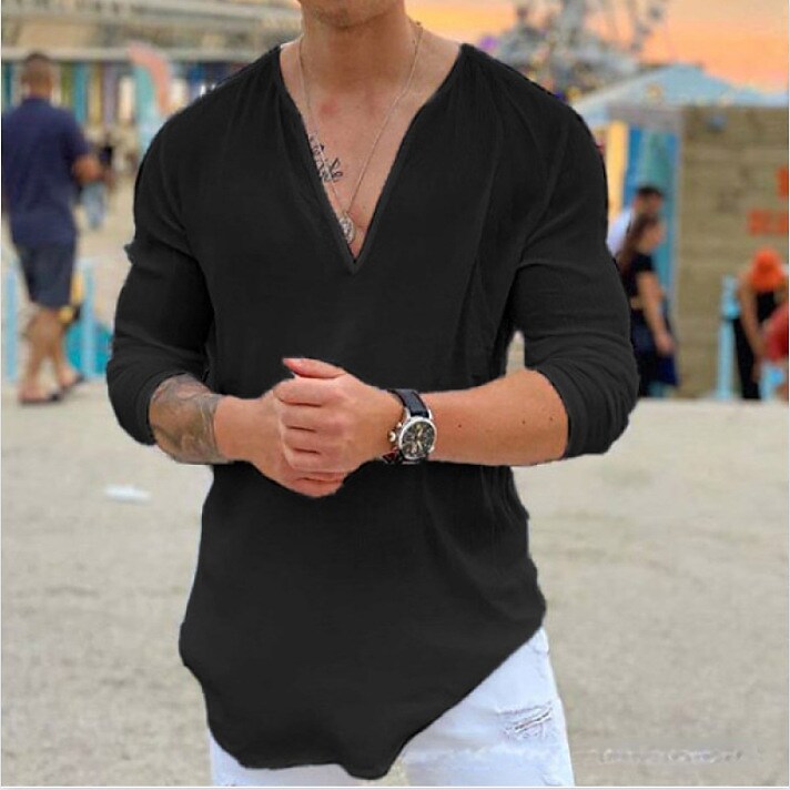 Men's Solid Color V Neck Outdoor Street Long Sleeve Comfortable Tops