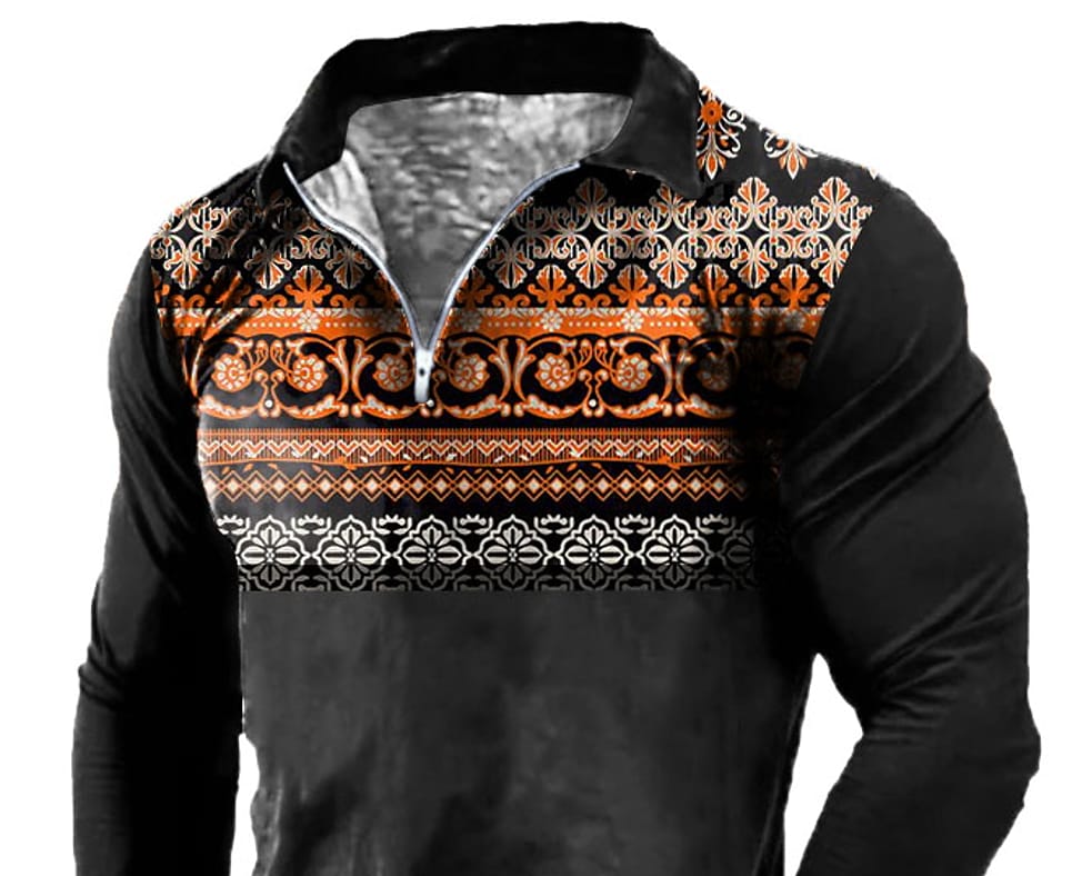 Men's Casual Black Turndown Long Sleeve Zipper Print Sweatshirt