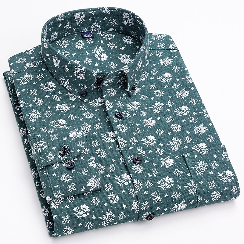 Men's Oxford Solid Color Floral Button Down Collar Long Sleeve Shirt