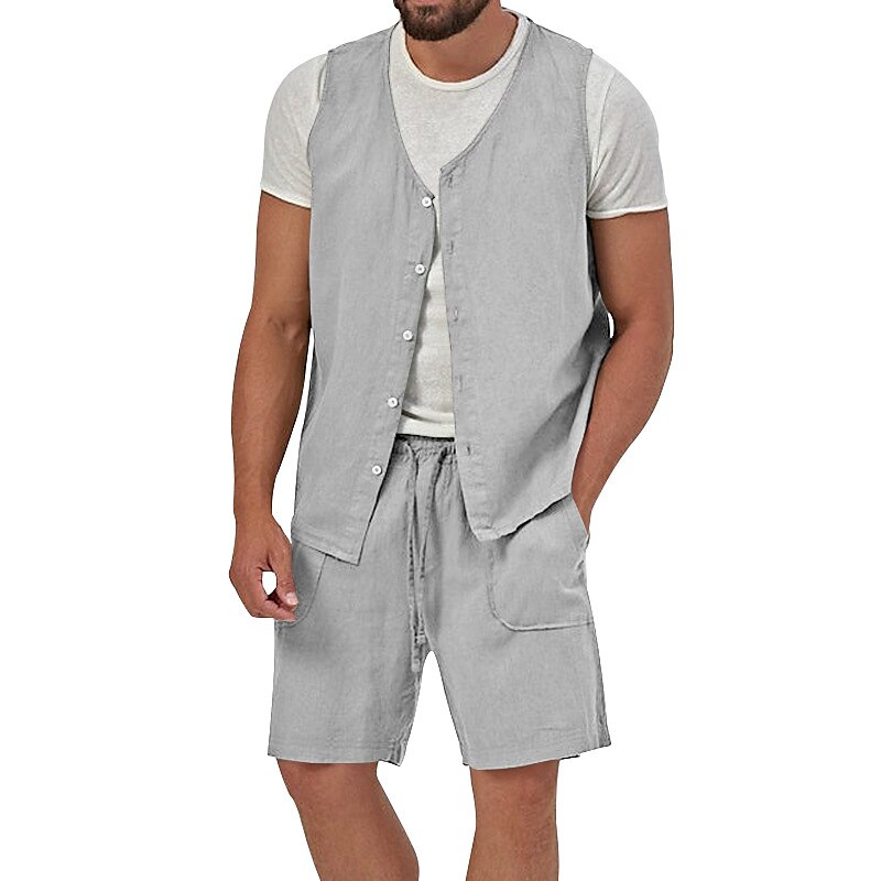 Men's 2 Piece Casual Beach Shirt Sleeveless Plain V Neck Street Vacation Shirt 