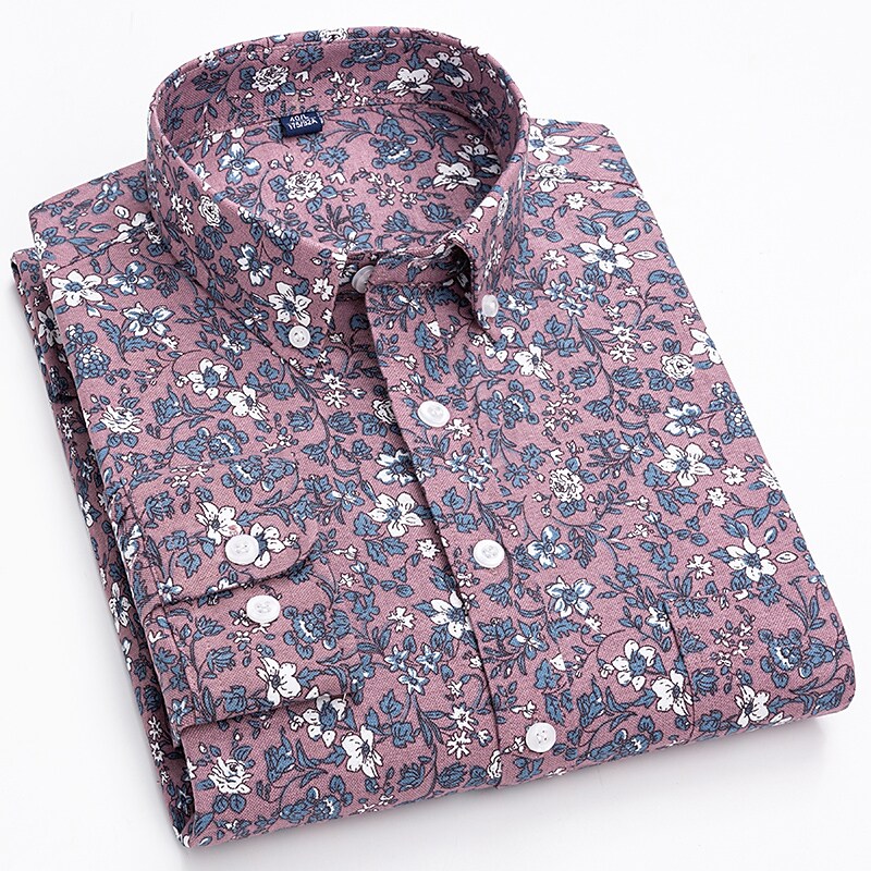 Men's Oxford Solid Color Floral Button Down Collar Long Sleeve Shirt