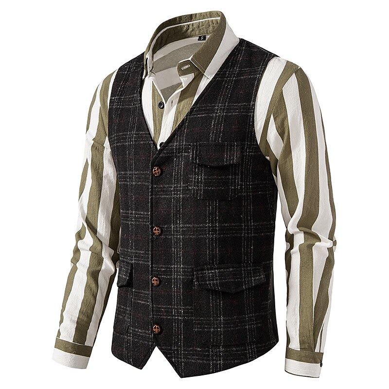 Men's Vest Waistcoat Comfortable Daily Wear Vacation Going out Single Breasted Lapel Vintage Basic Jacket Outerwear Plaid Button 