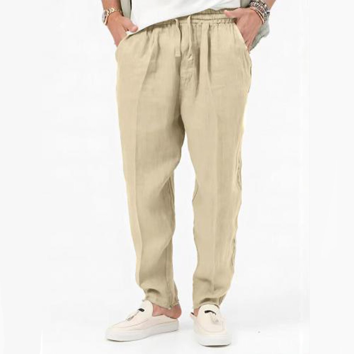 Men's Linen Pants Drawstring Elastic Waist Pleats Plain Comfort Breathable Casual Linen / Cotton Blend Classic Pants 