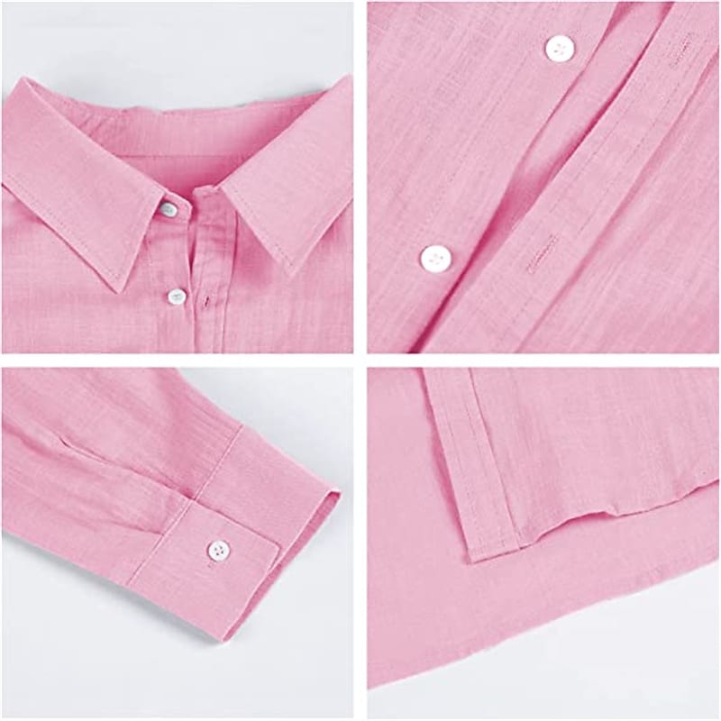 Men's Linen Solid Color Turndown Pink Outdoor Street Long Sleeve Top