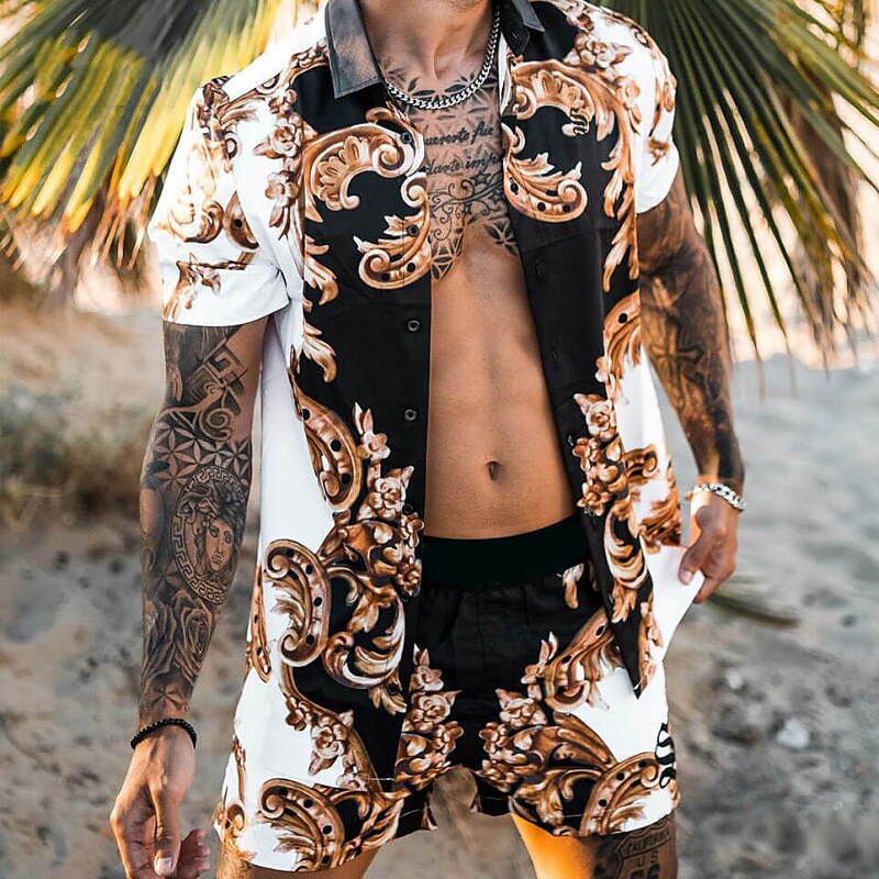 Men's Two Pieces Set Hawaiian Shirt Aloha Shirt Floral Turndown 3D Pri