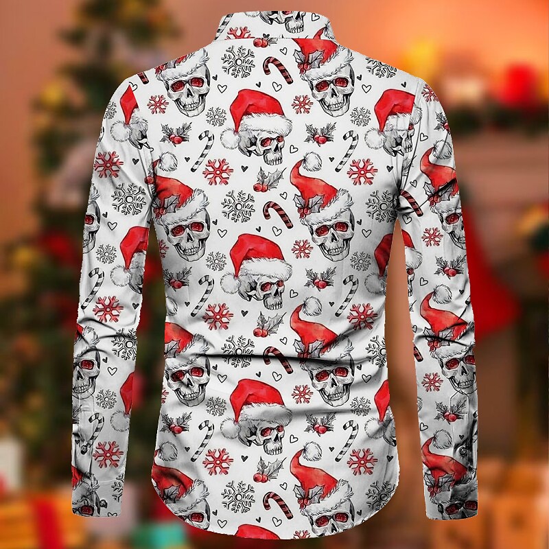 Men's White Skull Christmas Print Long Sleeve Button-Down Shirt