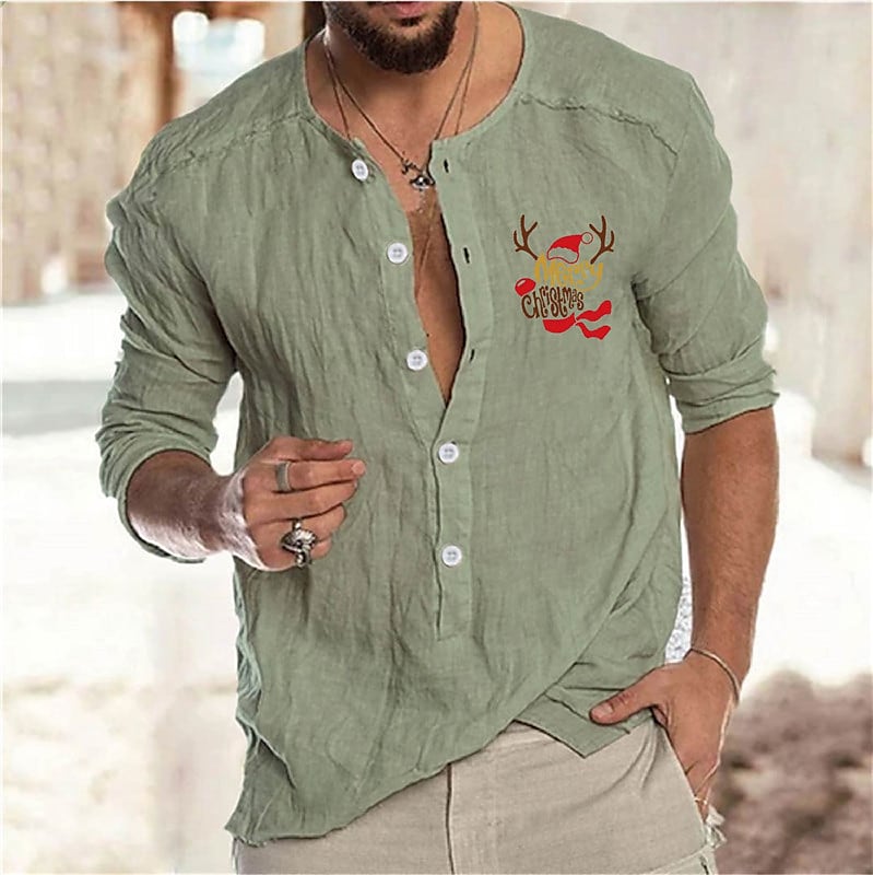 Men's Solid Color Christmas Print Collar Outdoor Long Sleeve Shirt