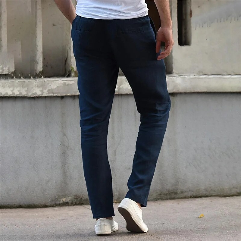 Men's Linen Pants Drawstring Elastic Waist Straight Leg Plain Comfort