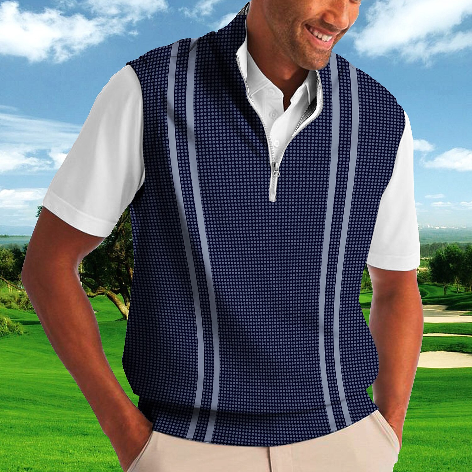 Men's Polo Shirt Plaid Turndown  Print Casual Daily Sleeveless Zipper Print  Fashion Casual Golf Shirt