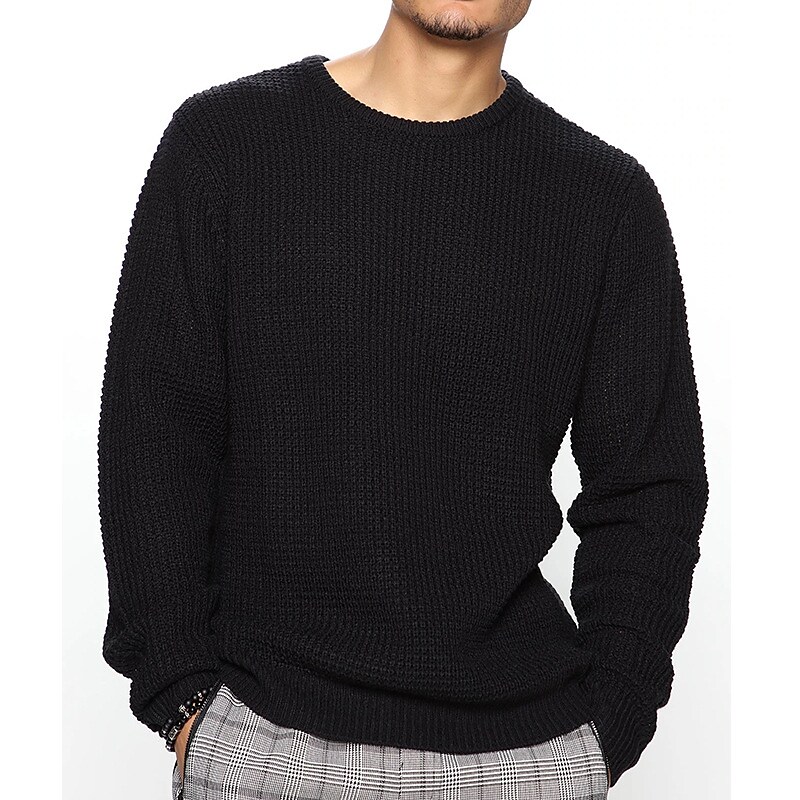Men's Waffle Knit Solid Color Crew Neck Basic Long Sleeve Sweater
