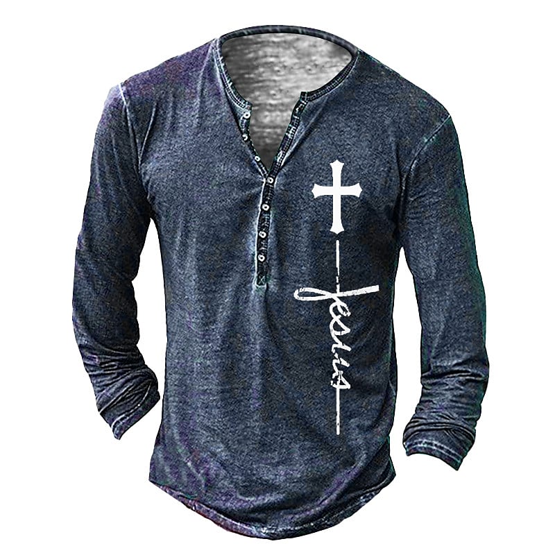 Men's Henley T shirt Graphic Templar Cross Henley Print Street Casual Long Sleeve Button-Down Print 