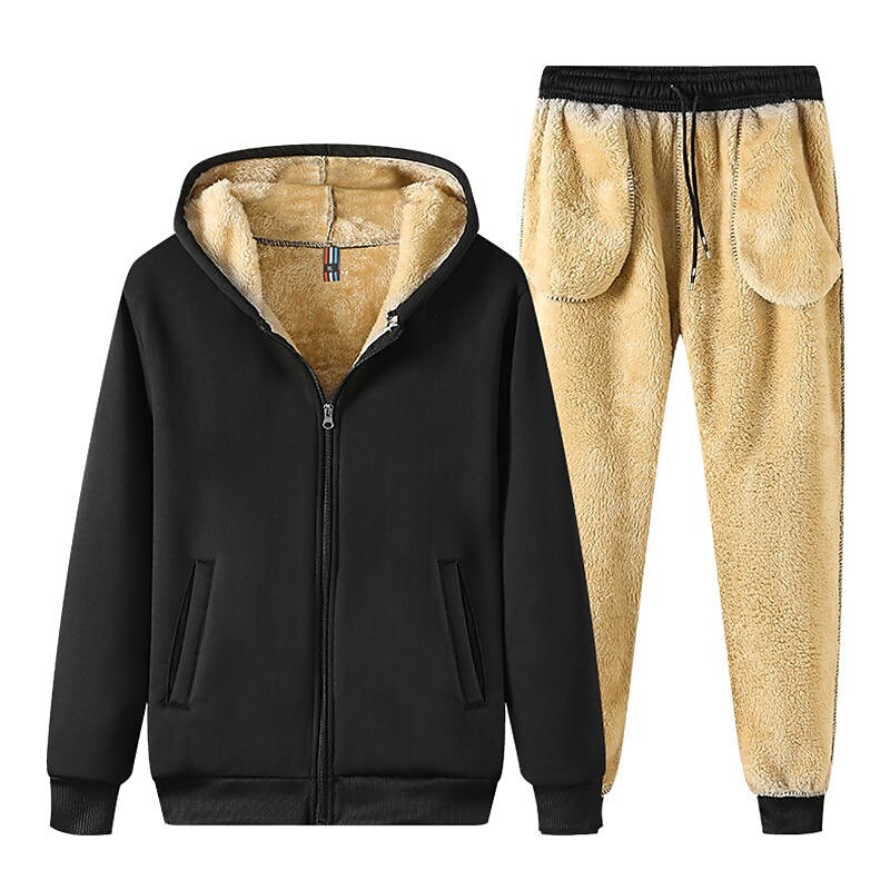Men's Warm Hooded Solid Color Sweatshirt Elastic Pant Basic Two Piece