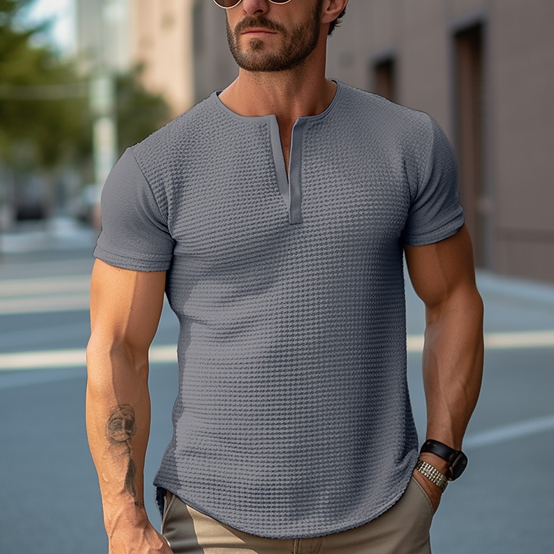 Men's T shirt Tee Waffle Shirt Tee Top Plain V Neck Street Vacation Short Sleeves Clothing Apparel Fashion Designer Basic Top