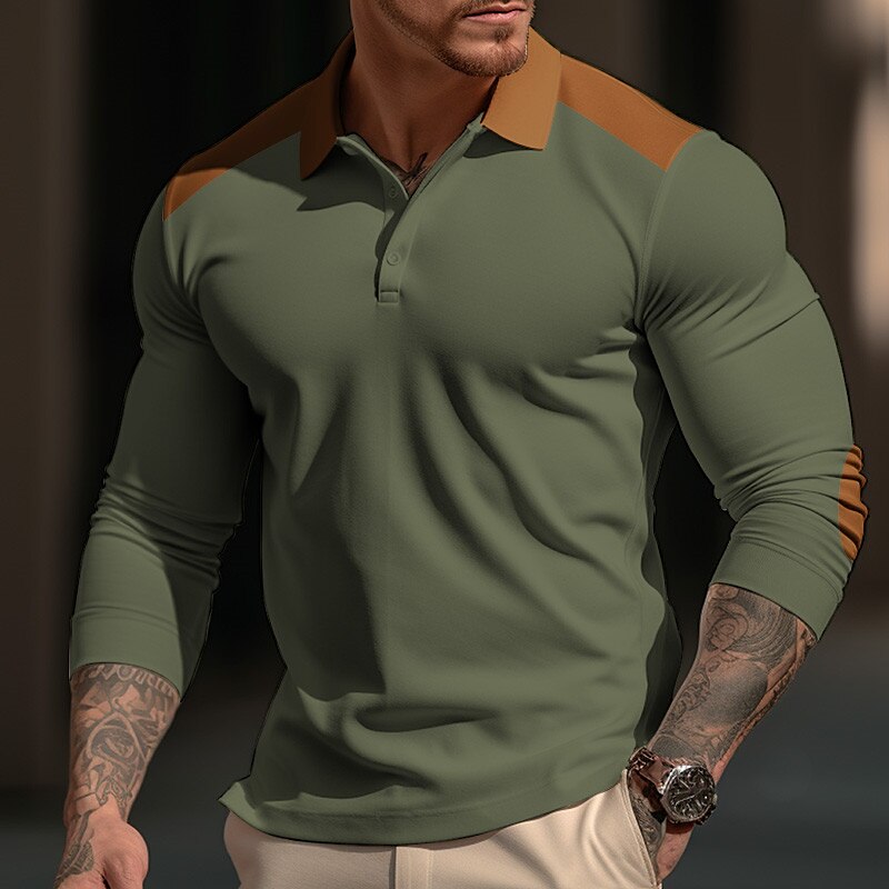 Men's Button Up Polos Polo Shirt Casual Sports Lapel Long Sleeve Fashion Basic Color Block Patchwork Button Up Polos