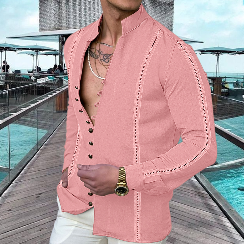 Men's Linen Button Up Summer Beach Shirt  Long Sleeve Plain Standing Collar Spring & Summer Casual Daily Top