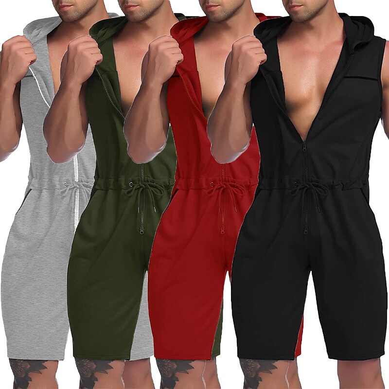 Men's Shorts Jumpsuit Zipper Pocket Drawstring Solid Color Comfort Short Daily Going out Streetwear Stylish Casual Jumpsuit