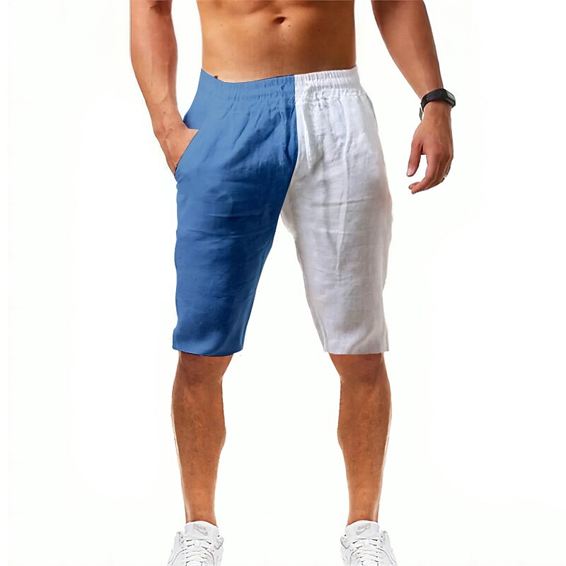 Men's Linen Summer Beach Shorts Pocket Drawstring Color Block Comfort Breathable Short Casual Daily Holiday Fashion Classic Shorts 