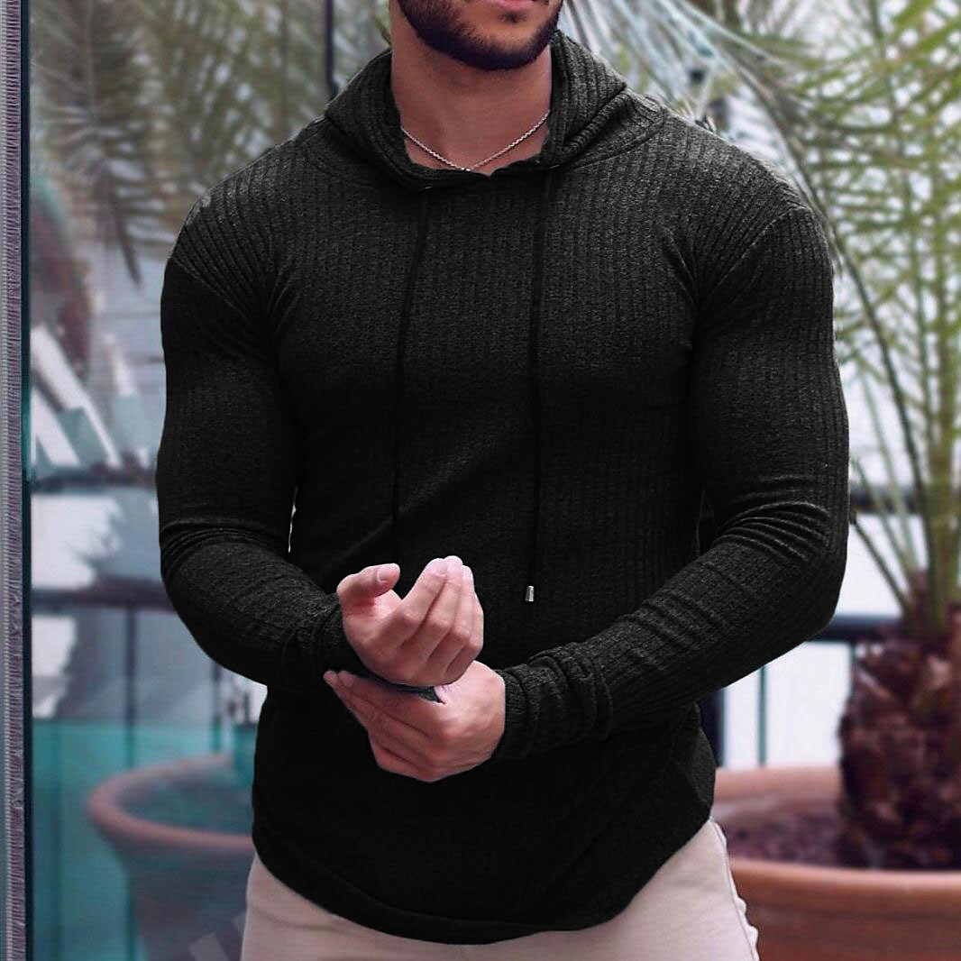 Men's Sports Muscle Solid Color Knit Long-sleeved Hooded Sweatshirt