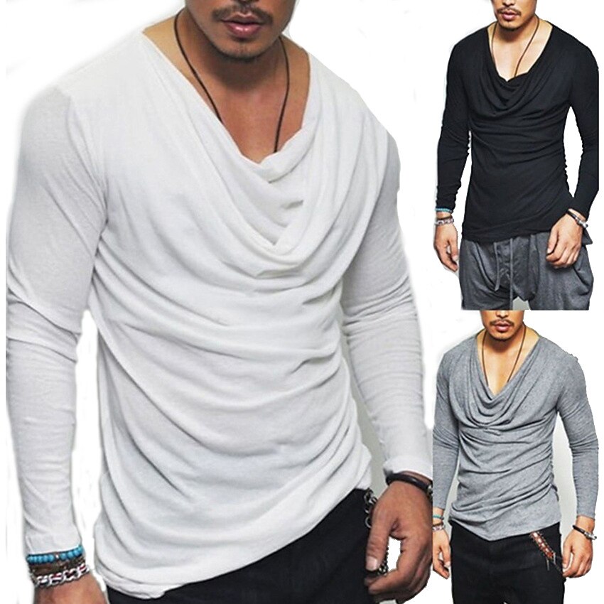 Men's T shirt Long Sleeve Plain Cowl Casual Long Sleeve Cotton Fashion Lightweight Muscle Shirt 