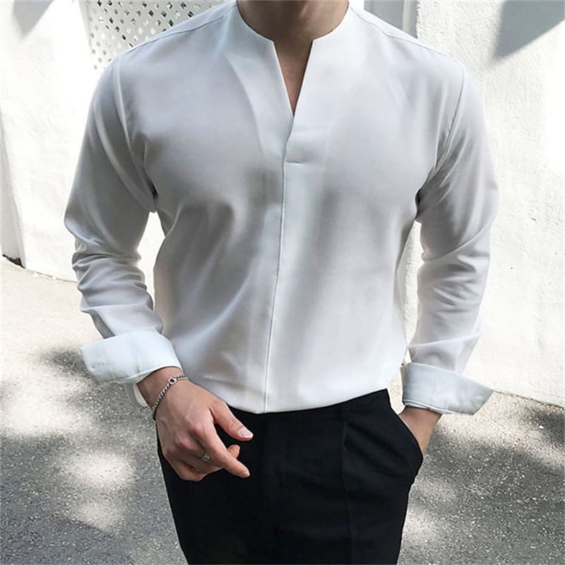 Men's Shirt Solid Color V Neck White Outdoor Street Long Sleeve Clothing Apparel Fashion Casual Breathable Comfortable