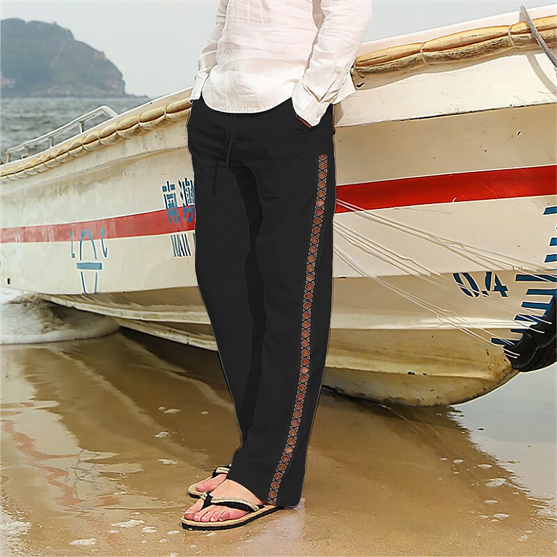 Men's Trousers Summer Pants Beach Pants Drawstring Elastic Waist Straight Leg Rhombus Comfort Breathable Casual Daily Holiday Fashion Classic Style Black White