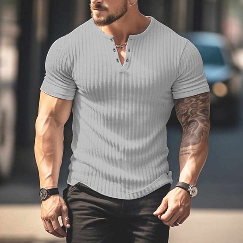 Men's Henley Shirt Tee Top Plain Pit Strip Henley Street Vacation Short Sleeves Clothing Apparel Fashion Designer Basic Top