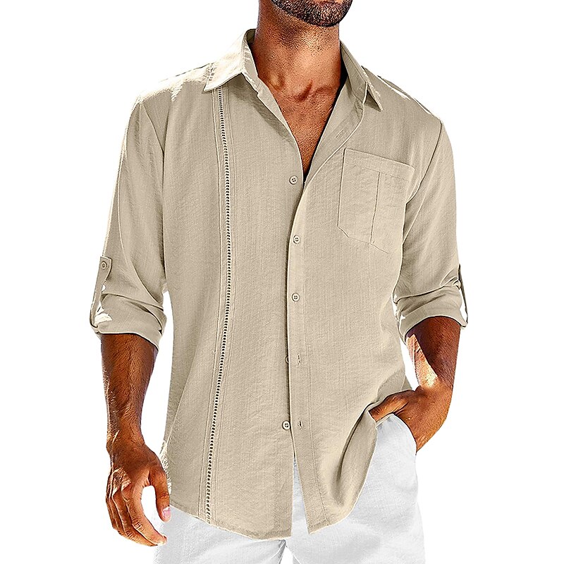 Men's Casual Summer Beach Long Sleeve Plain Lapel  Holiday Pocket Shirt 