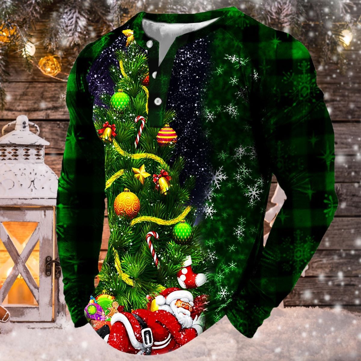 Men's Casual 3D Print Christmas Button Long Sleeve Henley Shirt