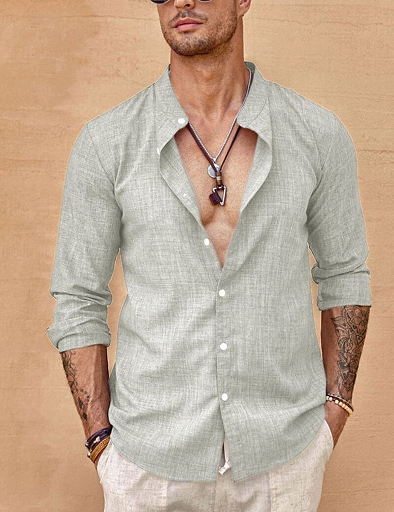 Men's Linen Button Up Summer Shirt Beach Shirt Black White Blue Long Sleeve Plain Band Collar Casual Daily Clothing Apparel Top