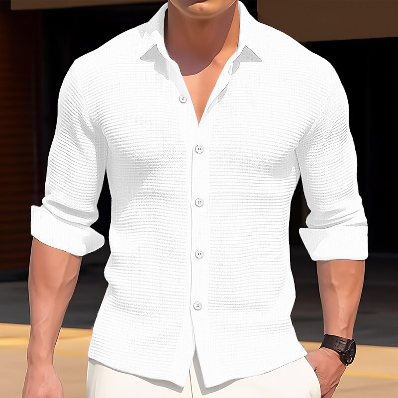 Men's Button Up Casual Waffle Shirt Long Sleeve Plain Lapel Daily Vacation Casual Comfortable Shirt 
