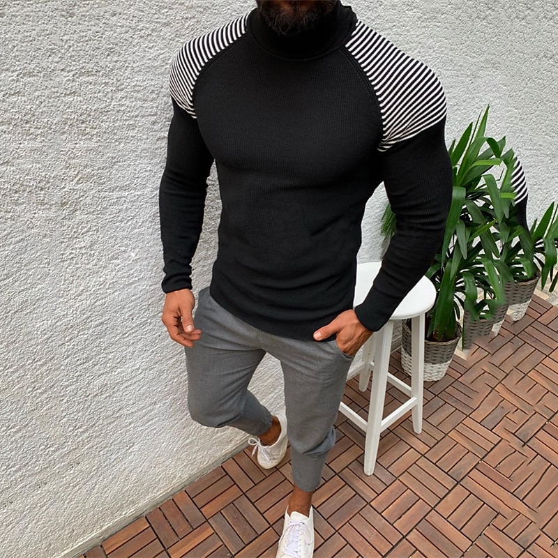 Men's Sweater Pullover Sweater Jumper Ribbed Knit Cropped Knitted Stripes Turtleneck Keep Warm Modern Contemporary Work Daily Wear Clothing Apparel Fall & Winter Black White S M L