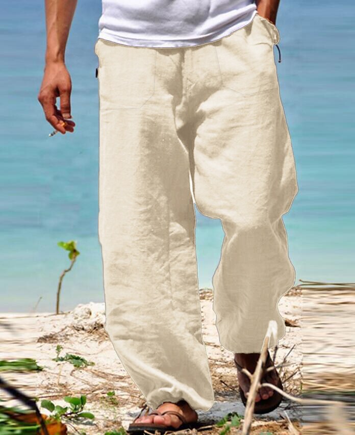 Men's Wide Leg Solid Color Comfy Breathable Casual High Waist Linen Pa