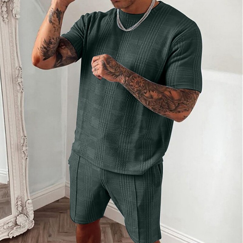 Men's Solid Color Crew Neck Shirt Loose Elastic Shorts Casual Set