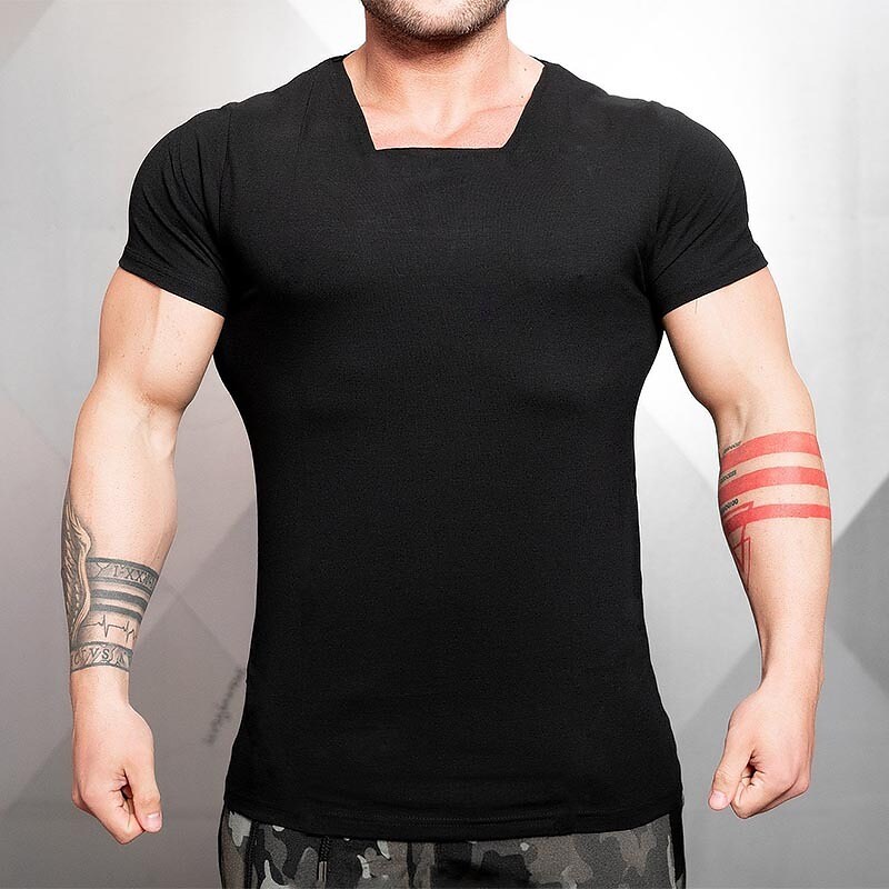 Men's T shirt Tee Solid Color Square Neck Casual Short Sleeve Cotton Sports Fashion Lightweight Muscle Top