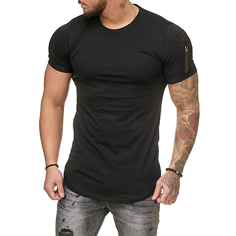 men's gym muscle athletic t-shirt fashion zipper workout cotton shirt slim fit summer short sleeve top