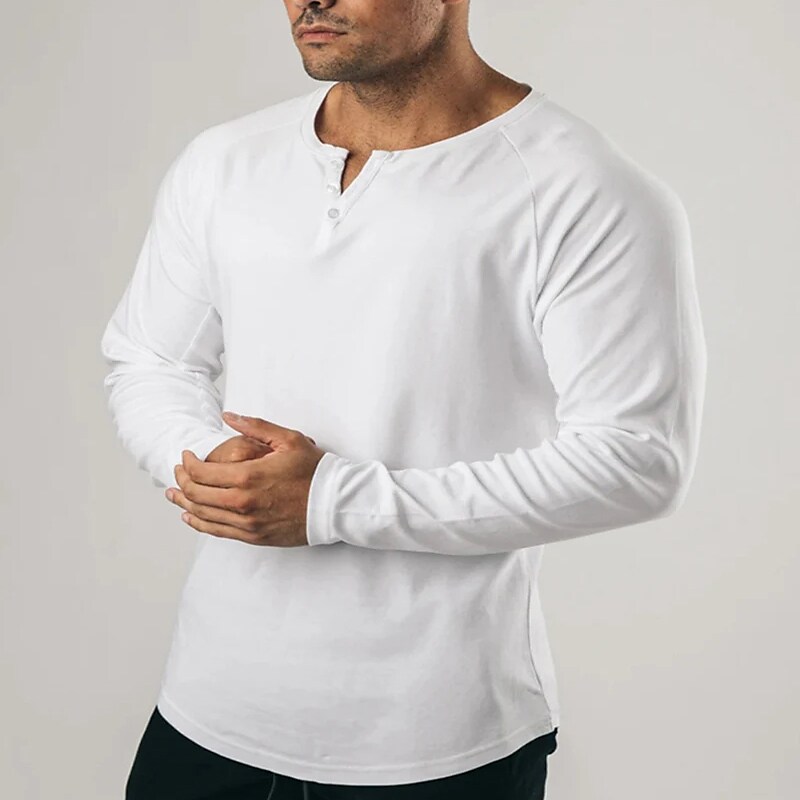 Men's Plain Henley Sports WorkWear Long Sleeve Button-Down Streetwear Casual