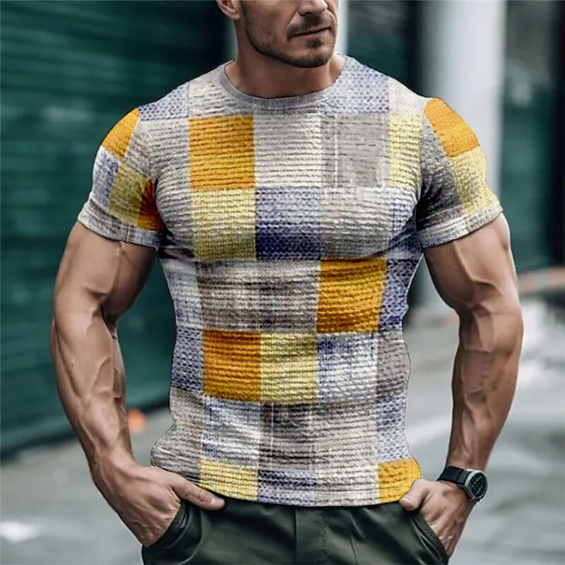 Men's T shirt Tee Waffle T Shirt Graphic Color Block Plaid / Check Crew Neck 3D Print Outdoor Street Short Sleeve Casual Top