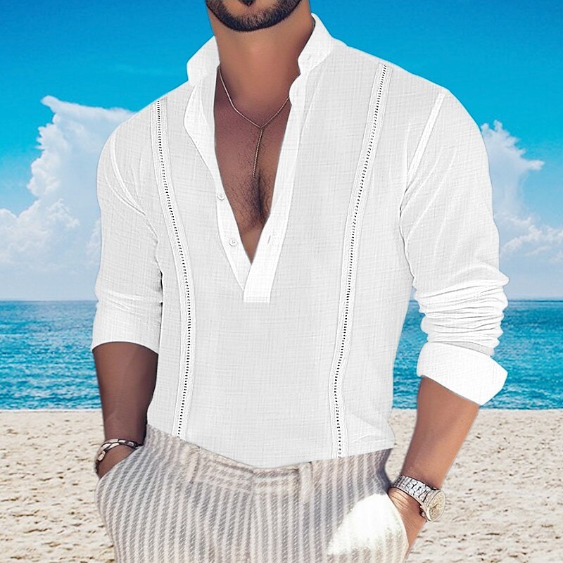 Men's Linen Shirt Button Up Summer Beach Shirt Long Sleeve Color Block Standing Collar Spring & Summer Casual Daily Top