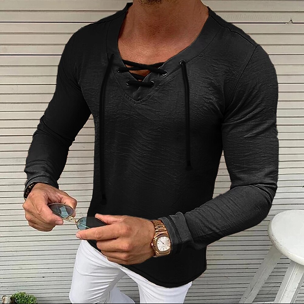 Men's Shirt Long Sleeve Plain Solid Colored V Neck Casual Daily Drawstring Cotton Fashion Casual Breathable Comfortable Top