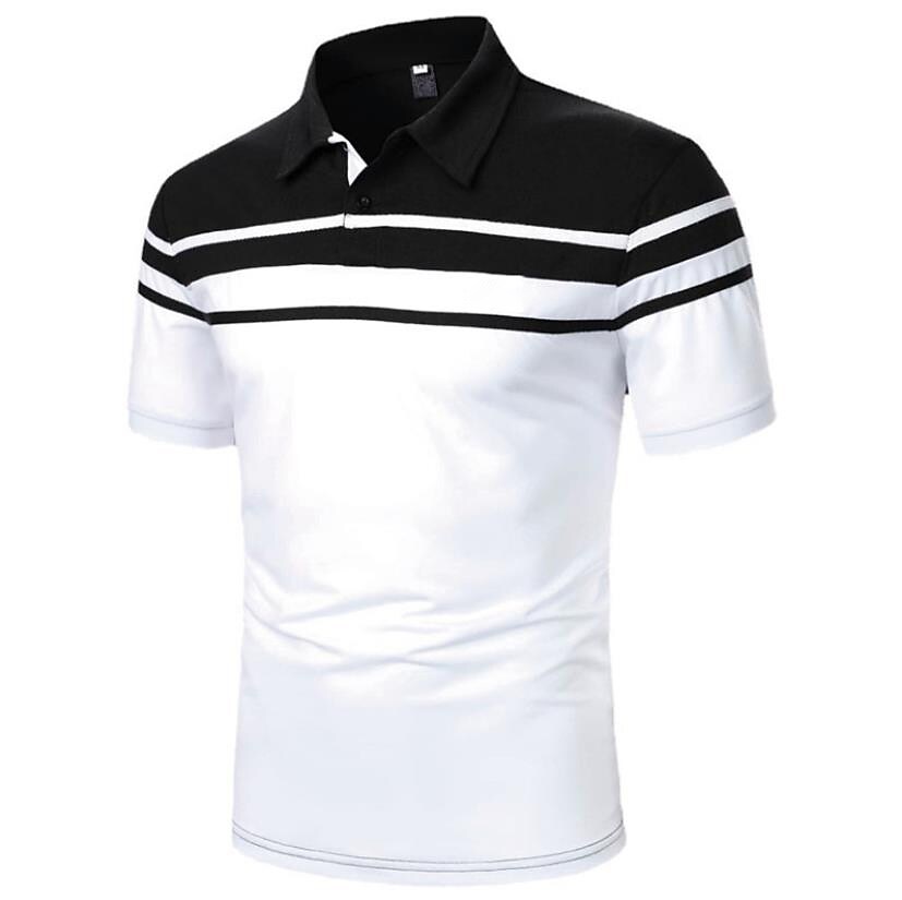 Men's Polo Shirt Golf Shirt Striped Turndown Black Navy Blue Blue Brow