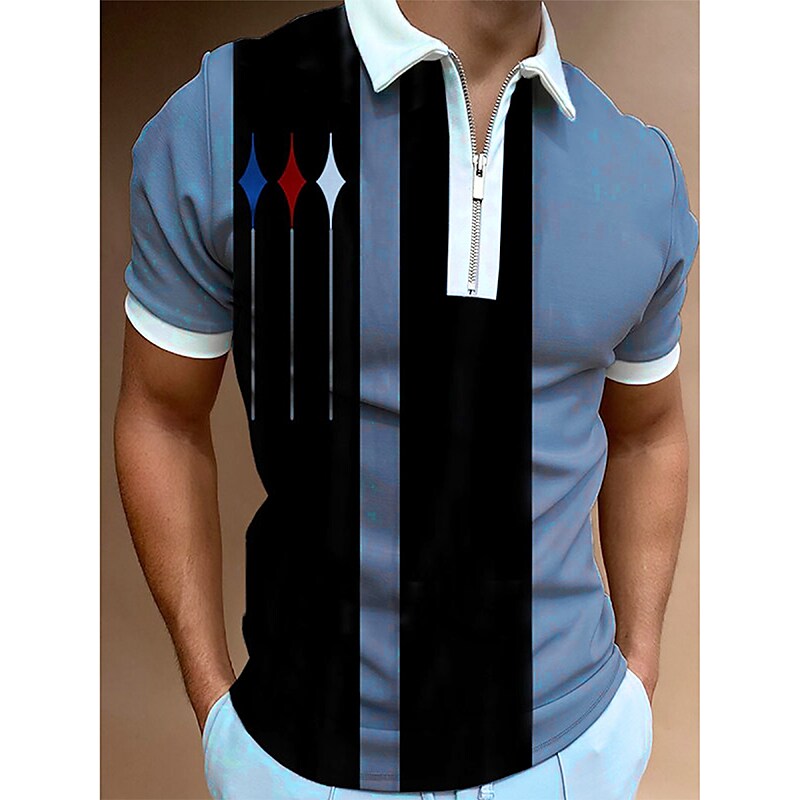 Men's Golf Shirt Print Striped Turndown Casual Daily Zipper Print Short Sleeve Tops Casual Fashion Breathable Comfortable Black / Gray Summer Shirt