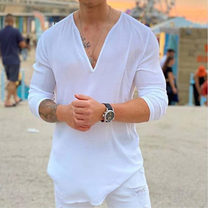 Men's Solid Color V Neck Outdoor Street Long Sleeve Comfortable Tops