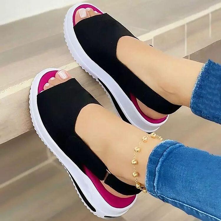 2021 new foreign trade new large size fish mouth wedge shoes women's thick bottom beach velcro sandals solid color shallow mouth single shoes women