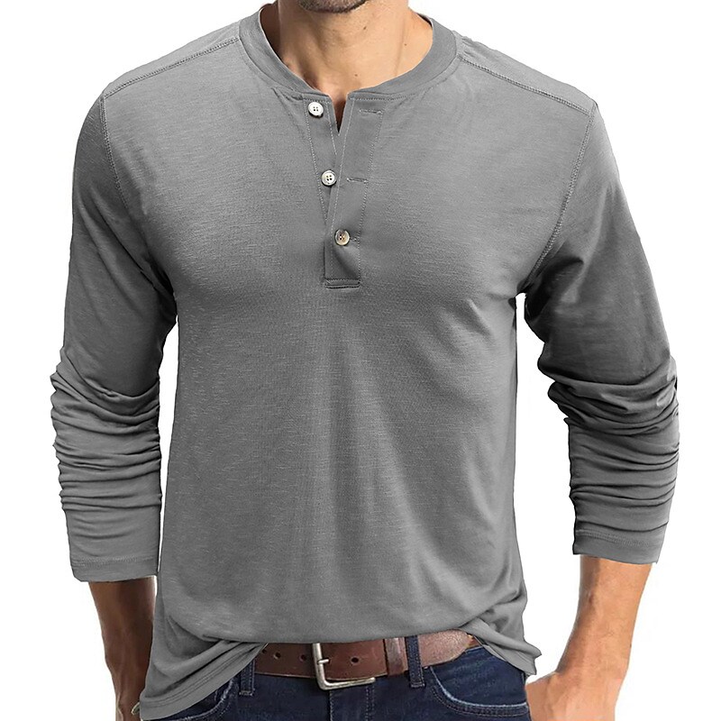 Men's Solid Color Round Neck Button Down Outdoor Long Sleeve Shirt