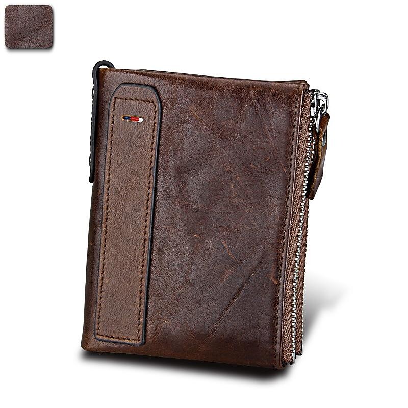 crazy horse cowhide men's wallet rfid anti-theft brush cowhide short men's bill clip wallet double zipper coin purse