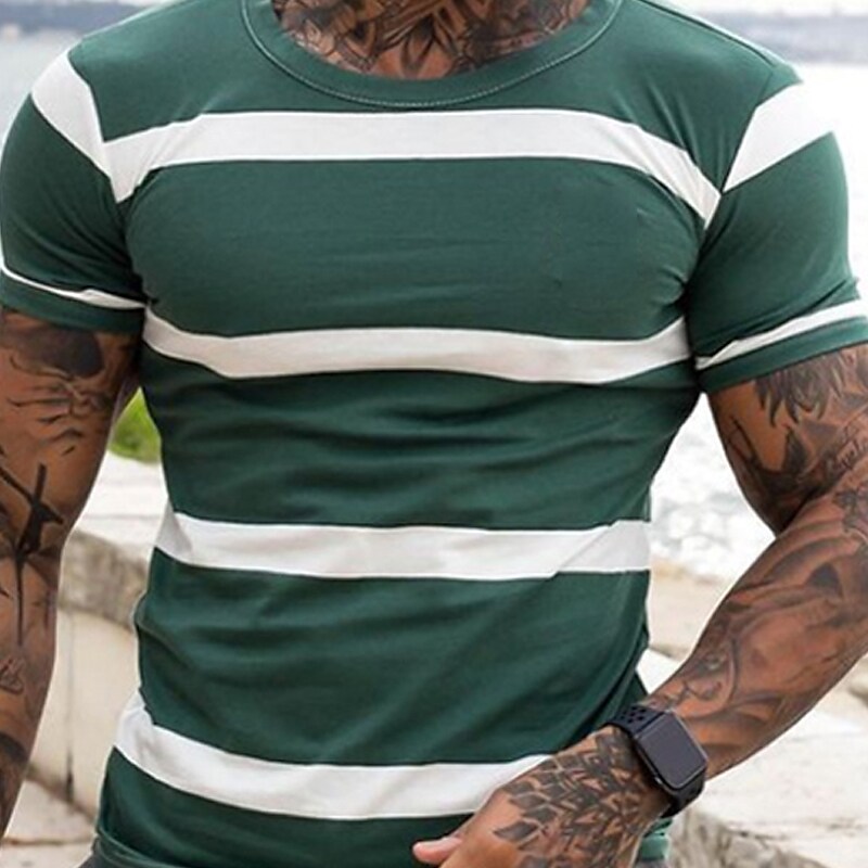 Men's T shirt Striped Round Neck Street Holiday Short Sleeve n Casual Comfortable