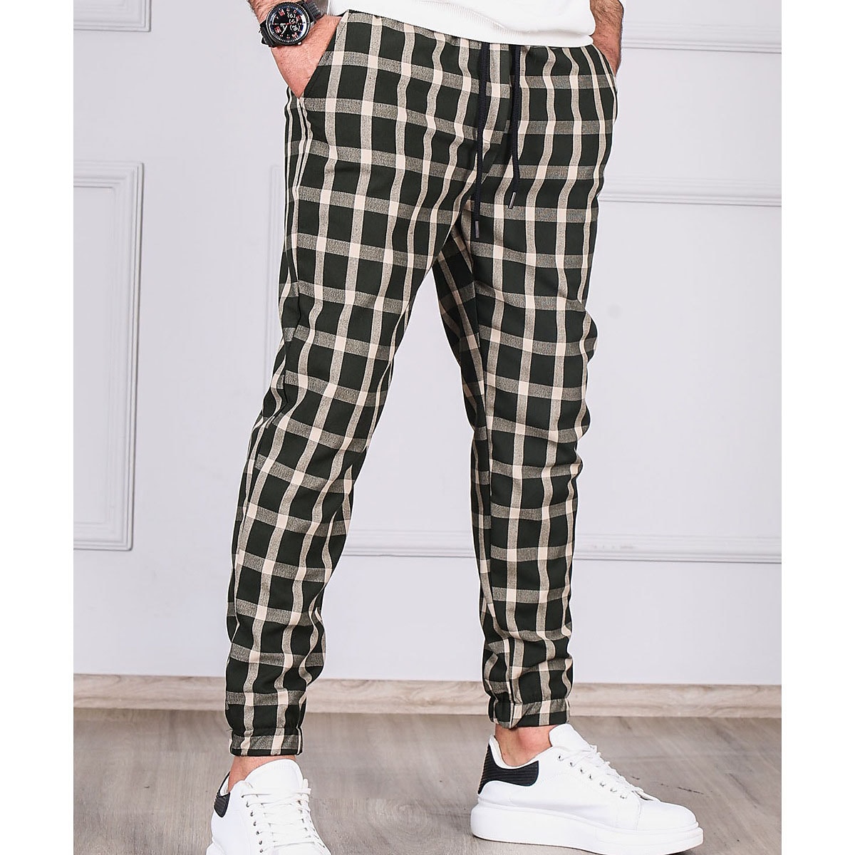 Men's Casual Micro-elastic Pocket Plaid Full Length Tapered Pant