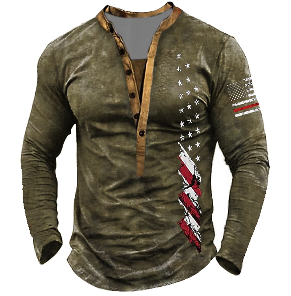 Men's Casual Flag Print Long Sleeve Round Neck Button Henley Shirt
