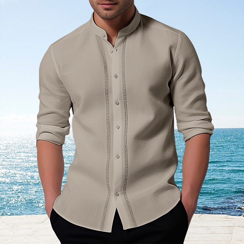 Men's Guayabera Button Up Casual Shirt Summer Shirt  Long Sleeve Patchwork Band Collar Casual Comfortable Shirt