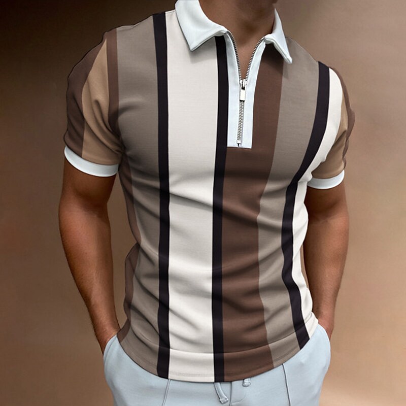 Men's Golf Shirt Print Striped Turndown Casual Daily Outdoor Street Zipper Short Sleeve Tops  Fashion Breathable Comfortable Brown Summer Shirt Quick Dry